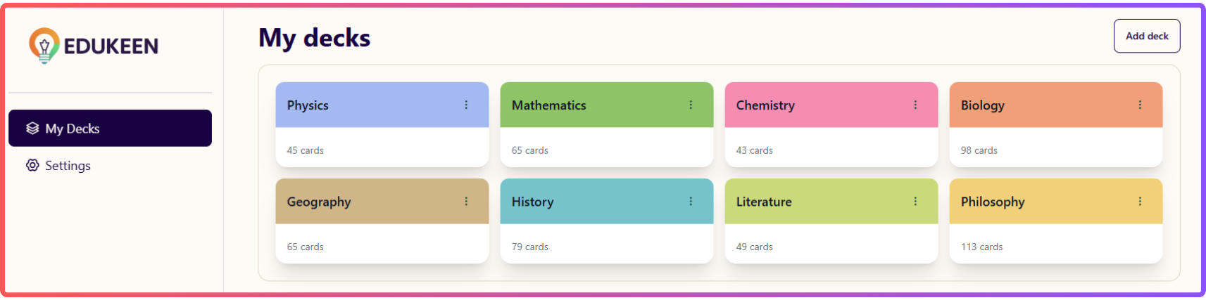 Product interface showing flashcard decks